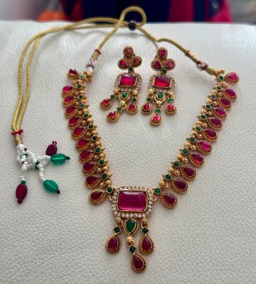 Rent Traditional Pink & Green Stone Jewellery Set with Earrings